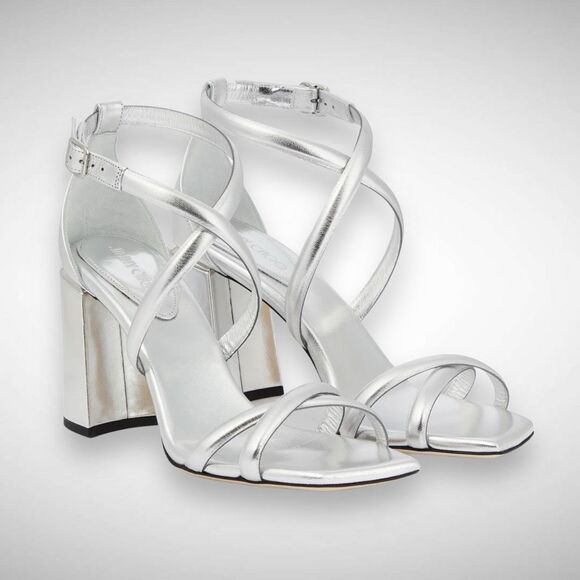 Jimmy Choo Rheea 65 mm Metallic Silver Leather Sandal Block Heel Size EU 37 US 7 - Picture 1 of 15